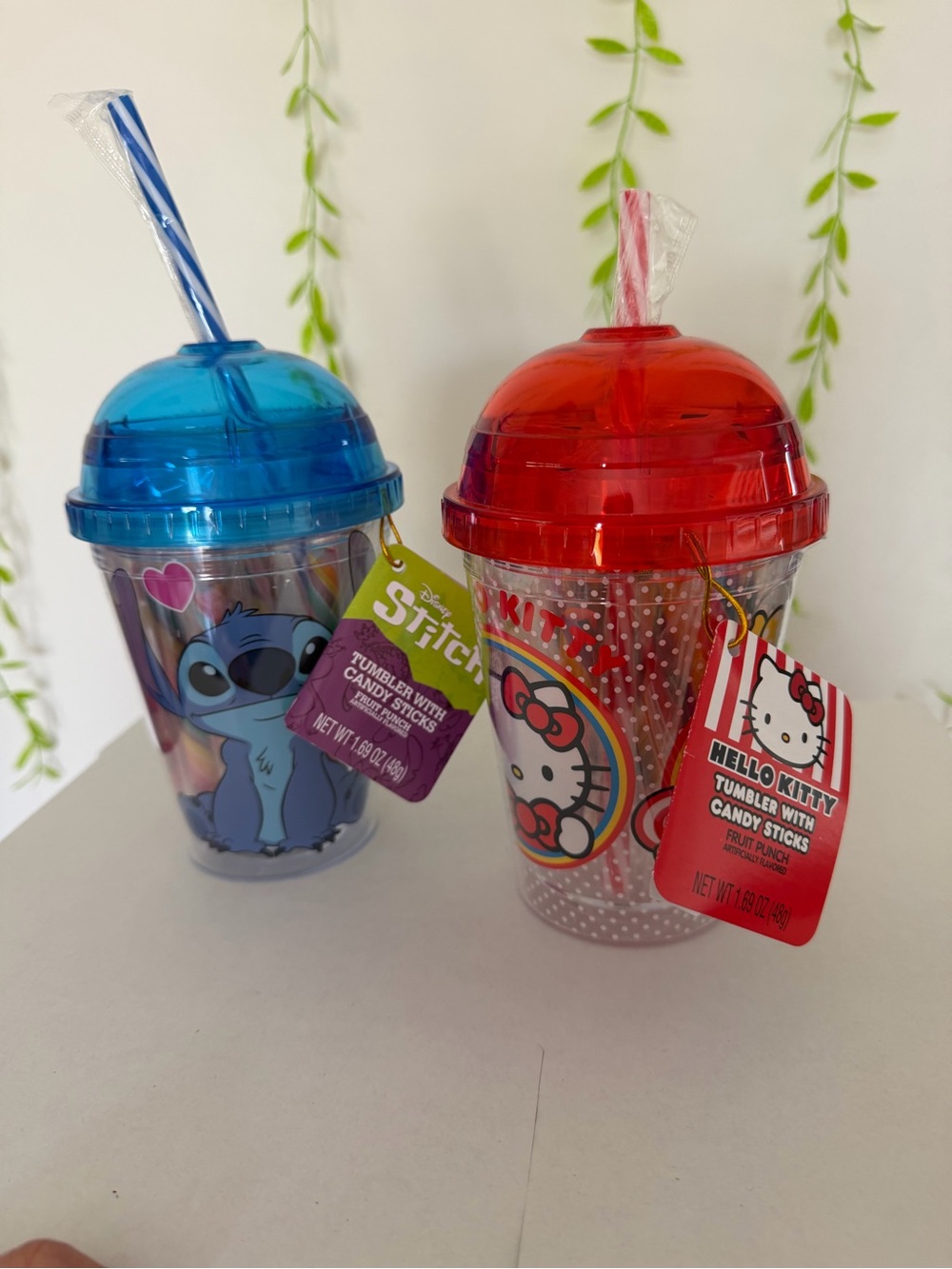 Disney Stitch Blue & Hello Kitty Red Plastic Tumbler Duo with Straws